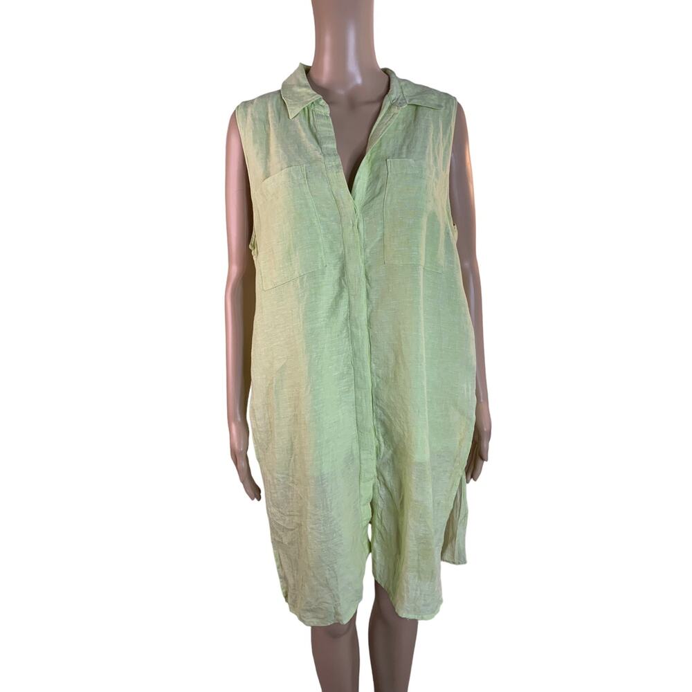 Chico's 100% Linen Mini Shift Dress Button Down Sleeveless Pockets Size Medium